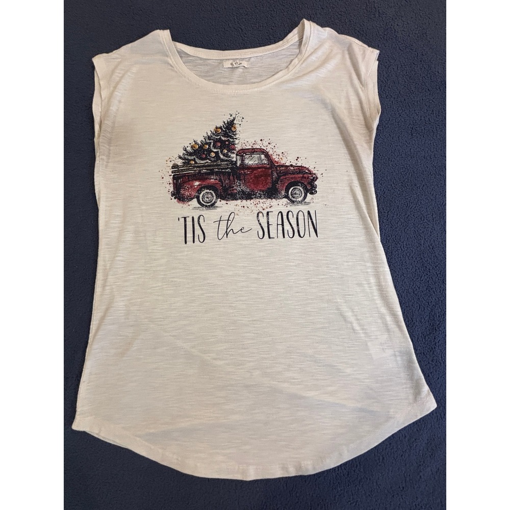 Maurices Womens XS Christmas Graphic Tee Tis the Season Red‎ Truck Slub Knit Top